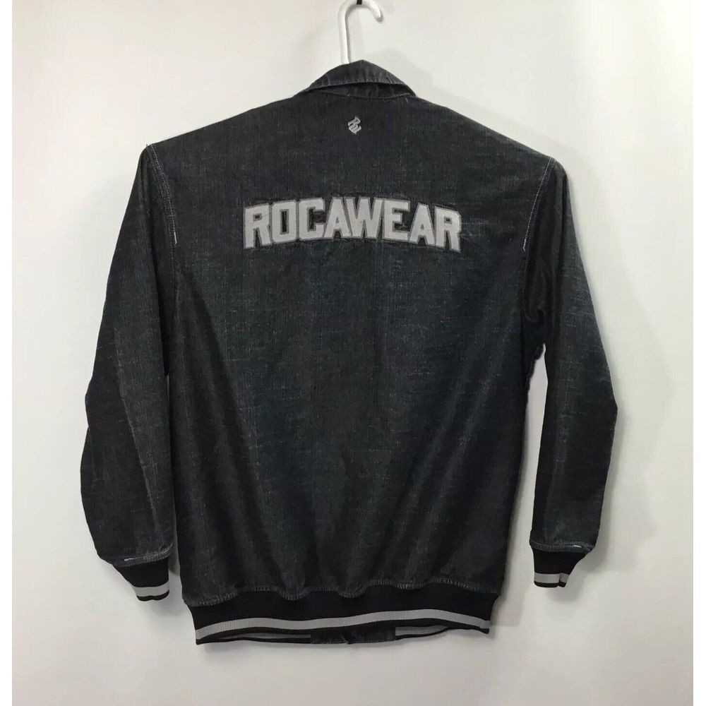 Roca Wear denim Jacket Men Size XL Big logo StreetWear black‎ snap button